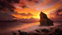 animal bird chinnkun cloud cloudy_sky dawn flock landscape mountainous_horizon no_humans ocean original painterly rock sky sunlight water waves