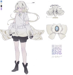 Rule 34 | 1girl, absurdres, ado (utaite), bare shoulders, black boots, black gloves, black shorts, blue eyes, boots, bow, breasts, brooch, character request, color guide, detached sleeves, eyes visible through hair, gloves, hair over one eye, heremia, highres, insect wings, jewelry, long hair, long sleeves, puffy long sleeves, puffy short sleeves, puffy sleeves, qr code, shirt, short shorts, short sleeves, shorts, silkworm, simple background, single sleeve, sleeves past wrists, small breasts, solo, standing, very long hair, white background, white bow, white hair, white shirt, white sleeves, wings