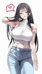 Rule 34 | 1girl, absurdres, armpits, bare shoulders, black hair, blue pants, blush, breasts, butterfly tattoo, commentary, cowboy shot, crop top, denim, heart, highres, jeans, joacy, large breasts, lips, long hair, looking at viewer, midriff, mole, mole on stomach, mole under mouth, navel, original, pants, red eyes, shirt, simple background, sleeveless, solo, spoken heart, standing, symbol-only commentary, tattoo, taut clothes, taut shirt, turtleneck, white background, white shirt