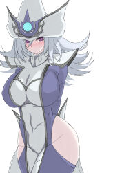 Rule 34 | 1girl, arms behind back, blush, breasts, duel monster, grey hair, hat, highres, hip vent, large breasts, long hair, looking at viewer, purple eyes, satou (kuso-neet), silent magician, simple background, white background, wizard hat, yu-gi-oh!