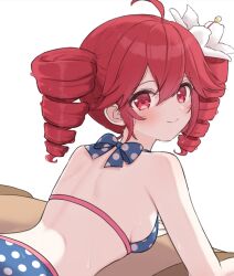 Rule 34 | 1girl, ahoge, bikini, blue bikini, blush, double-parted bangs, drill hair, flower, hair between eyes, hair flower, hair ornament, highres, kasane teto, looking at viewer, looking back, lying, on stomach, print bikini, red eyes, red hair, shirai sahuni, smile, solo, swimsuit, twin drills, utau, white background