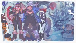 Rule 34 | 2girls, absurdres, aircraft, alternate costume, animal ears, arm up, beanie, black bodysuit, black jumpsuit, blue jacket, blush, blush stickers, bodysuit, boots, borrowed character, breasts, brown boots, brown hair, cameo, character name, cleavage, cleavage cutout, clenched teeth, clothing cutout, earrings, eyeshadow, facial mark, flag print, forehead mark, freckles, french flag, french flag print, full body, furrowed brow, garlic (keziedra), gift art, gloves, goggles, goggles on head, grin, half-closed eyes, hand on own head, hand on own hip, hat, highres, hoop earrings, hot air balloon, jacket, jewelry, jumpsuit, keziedra, large breasts, light blush, long sleeves, looking at another, looking at viewer, low twintails, makeup, multiple girls, multiple views, nigiri-chan, open mouth, original, outdoors, parted lips, partially unzipped, pine tree, pink eyeshadow, polish flag, puffy long sleeves, puffy sleeves, ski goggles, smile, snow, snowboard, solid circle eyes, sparkle, standing, star (symbol), star facial mark, tail, tapioca (keziedra), teeth, thumbs up, tree, triangle earrings, twintails, upper teeth only, v, white boots, white hat, winter clothes