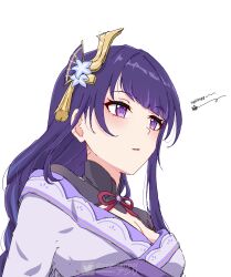 1girl asiri_senpai blush breasts bug cleavage commentary english_commentary fly genshin_impact hair_ornament highres insect japanese_clothes kimono long_hair parted_lips purple_eyes purple_hair purple_kimono raiden_shogun simple_background small_breasts solo upper_body white_background