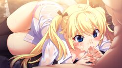 1boy 1girl abs ahoge bathroom black_ribbon black_thighhighs blonde_hair blue_eyes blush bottomless breast_press breasts censored cleavage collarbone collared_shirt completely_nude cum cum_in_mouth cum_on_body cum_on_hair cum_on_penis cum_overflow cumdrip dutch_angle erection eyebrows_hidden_by_hair faceless faceless_male facial fellatio fingernails frilled_panties frills furrowed_brow game_cg grisaia_(series) grisaia_no_kajitsu hair_between_eyes hair_flaps hair_intakes hair_over_shoulder hair_ribbon handjob hetero kazami_yuuji long_eyelashes long_fingernails long_hair long_sleeves looking_at_another looking_at_penis lying matsushima_michiru medium_breasts messy_hair mixed-sex_bathing mosaic_censoring muscular muscular_male non-web_source nude official_art on_side oral panties parted_hair partially_unbuttoned penis pink_panties pov raised_inner_eyebrows ribbon see-through_clothes shared_bathing shirt sidelocks skindentation sparkling_eyes sweat thick_eyelashes thighhighs thighs toned toned_male twintails underwear watanabe_akio wet wet_clothes wet_shirt white_shirt wide-eyed