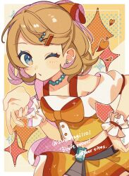1girl alternate_costume bead_necklace beads blonde_hair blue_eyes blush crop_top eyelashes hair_ornament highres idol jewelry looking_at_viewer midriff necklace nintendo one_eye_closed pokemon pokemon_(anime) pokemon_journeys serena_(pokemon) shirt short_hair skirt solo sumeragi1101 wrist_cuffs
