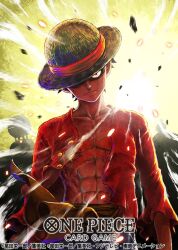 1boy abs closed_mouth commentary_request copyright_name cowboy_shot cross_scar floating_hair hat hat_over_one_eye monkey_d._luffy nagare_seiya official_art one_piece one_piece_card_game open_clothes open_shirt red_shirt sash scar scar_on_face shirt solo straw_hat yellow_sash