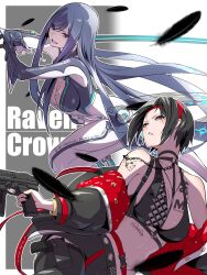 2girls absurdres barbell_piercing black_hair blue_hair breast_tattoo chest_tattoo crow_(nikke) ear_piercing fune_(fune83ojj) goddess_of_victory:_nikke highres long_hair multiple_girls navel piercing raven_(stellar_blade) sign_of_khorne skull_tattoo stellar_blade studded_bikini tattoo