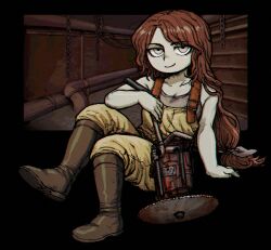 Rule 34 | 1girl, abella (fear &amp; hunger), arm support, bare arms, bare shoulders, boots, brown boots, brown eyes, brown tank top, closed mouth, collarbone, fear &amp; hunger (series), fear &amp; hunger 2: termina, full body, hashtag-only commentary, long hair, looking at viewer, low-tied long hair, meat grinder, overalls, red hair, sitting, sm2 hokke, smile, solo, tank top, very long hair, yellow overalls