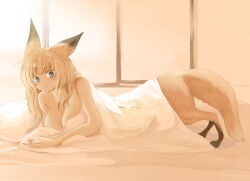1girl :&lt; animal_ears animal_feet arm_support batta_(kanzume_quality) blanket blonde_hair blue_eyes blush breasts commentary_request completely_nude facing_viewer fox_ears fox_girl fox_tail fox_wife_(batta_(kanzume_quality)) furry furry_female jewelry kitsune kitsune_no_oyome-chan large_breasts looking_at_viewer lying messy_hair morning nude on_floor on_side pillow ring solo sunlight tail transformation under_covers waking_up wedding_ring