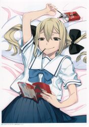 Rule 34 | 1girl, 5pb., absurdres, arm up, bed, bed sheet, black bow, blonde hair, blue bow, blue skirt, book, bow, brown eyes, chest bow, chuo tanegashima high school uniform, collarbone, food, food in mouth, fujoshi, fukuda tomonori, hair between eyes, hair bow, hair ribbon, highres, holding, holding book, holding food, holding pocky, koujiro frau, long hair, lying, multiple hair bows, official art, on back, open book, pillow, pleated skirt, pocky, pocky in mouth, reading, ribbon, robotics;notes, sailor collar, school uniform, serafuku, shirt, short sleeves, sidelocks, skirt, smile, smirk, smug, solo, summer uniform, twintails, white shirt, yellow eyes
