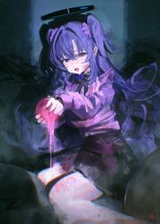 1girl apple black_bow black_choker black_skirt blue_archive blue_eyes blush bow breasts choker food fruit halo jirai_kei long_hair long_sleeves mechanical_halo open_mouth pink_shirt purple_eyes purple_hair renn_01 shirt skirt trash_bag two_side_up yuuka_(blue_archive)
