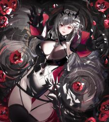 1girl bandaged_head bandages black_crown black_tiara breasts cleavage crown flower goddess_of_victory:_nikke grey_hair modernia_(nikke) modernia_(second_affection)_(nikke) official_alternate_costume outstretched_arms pink_eyes red_flower ru_yan see-through_cleavage see-through_clothes sideless_dress solo tiara water