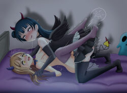 Rule 34 | 2girls, angel wings, black skirt, black thighhighs, black wings, blonde hair, blue hair, blush, breasts, choker, clothed sex, cum, danzfloor, demon girl, demon horns, demon tail, earrings, fertilization, frilled skirt, frills, futa with female, futanari, happy sex, heart, highres, horns, impregnation, interlocked fingers, intertwined tails, jewelry, kunikida hanamaru, licking lips, love live!, love live! sunshine!!, mating press, medium breasts, medium hair, multiple girls, nude, on bed, ovum, purple thighhighs, saliva, shadow, skirt, tail, thighhighs, tongue, tongue out, tsushima yoshiko, wings