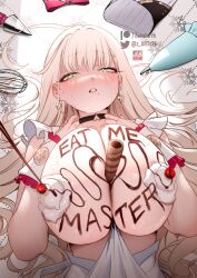 Rule 34 | 1girl, apron, blonde hair, blush, breasts, breasts squeezed together, chocolate, chocolate on body, chocolate on breasts, chocolate syrup, cream, earrings, food, food between breasts, food on body, food on breasts, food writing, frilled apron, frills, green eyes, highres, huge breasts, jewelry, lady (zasshu), large breasts, looking at viewer, mole, mole under mouth, open mouth, original, whipped cream, white apron, zasshu