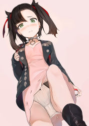 ankle_boots asymmetrical_bangs black_boots black_choker black_hair black_jacket black_nails blush boots bow bow_panties breasts choker creatures_(company) crotch_seam dress earrings game_freak green_eyes hair_ribbon highres iya_na_kao_sare_nagara_opantsu_misete_moraitai jacket jewelry long_sleeves looking_at_viewer marnie_(pokemon) medium_hair nail_polish nintendo open_clothes open_jacket panties pantyshot pink_dress pokemon pokemon_swsh red_ribbon ribbon small_breasts twintails underwear watarumi