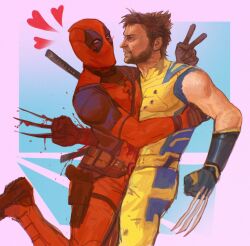 2boys beard belt black_gloves bleeding blood blood_on_clothes blood_on_hands bloody_weapon blush bodysuit brown_hair claws commentary curehaus deadpool deadpool_&amp;_wolverine deadpool_(series) english_commentary facial_hair gloves heart highres hug impaled katana looking_at_another male_focus marvel mask multiple_boys red_bodysuit stab standing standing_on_one_leg superhero_costume sword teeth v violence weapon weapon_on_back wolverine_(x-men) x-men yaoi yellow_bodysuit