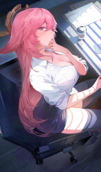 1girl absurdres alternate_costume animal_ears arched_back black_footwear black_skirt black_thighhighs blurry blurry_background breast_pocket breasts chair chromatic_aberration cleavage clipboard collared_shirt commentary cup desk disposable_cup floppy_ears fox_ears from_above genshin_impact hair_between_eyes hair_ornament hand_on_own_chin hand_up headpiece highres indoors kawa683 large_breasts long_hair looking_at_viewer miniskirt office_chair office_lady on_chair open_mouth partially_unbuttoned pencil_skirt pink_hair pocket purple_eyes revision shadow shirt shirt_tucked_in sidelighting sitting skirt sleeves_rolled_up solo swivel_chair thighhighs very_long_hair white_shirt window_blinds yae_miko