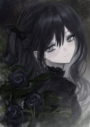 1girl akai_ringo_(eveyuno) black_dress black_gloves black_hair blood blood_on_face breasts choker curtains dress elbow_gloves gloves goth_fashion highres indoors lolita_fashion long_sleeves looking_at_viewer non-web_source original solo window