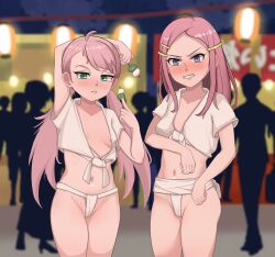 absurdres arm_under_breasts arm_up arms_behind_head blue_eyes blush breasts brydeel clenched_teeth closed_mouth commission cowboy_shot cynthia_lane dango embarrassed eureka_seven eureka_seven_(series) food fundoshi green_eyes hair_ornament hairclip highres holding holding_food japanese_clothes long_hair looking_back mizu_happi navel outdoors overman_king_gainer parted_bangs pink_hair small_breasts standing swept_bangs tearing_up teeth thighs twintails variant_set wagashi