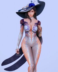 1girl 3d alternate_costume arm_cutout artist_name black_hair black_nails breasts bridal_gauntlets choker cleavage closed_mouth clothing_cutout cowboy_shot dress earrings final_fantasy final_fantasy_vii final_fantasy_vii_remake hat highres jewelry large_breasts leg_cutout lips long_hair long_sleeves looking_at_viewer navel raidenwgt red_eyes revealing_clothes ring simple_background single_earring single_sidelock solo square_enix swept_bangs thighs tifa_lockhart wide_hips