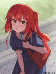 1girl absurdres bag blue_dress blush bocchi_the_rock! boyal choker dress frilled_choker frilled_dress frills grass green_eyes grin highres kita_ikuyo long_hair looking_at_viewer red_hair side_ponytail smile solo standing very_long_hair