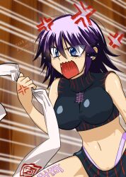 1girl absurdres angry bare_arms bare_legs bare_shoulders black_hair blue_eyes breasts crop_top crossed_arms highleg highleg_panties highres houshin_engi kouma_bonmaid large_breasts leg_tattoo medium_breasts midriff navel ou_kijin panties pelvic_curtain shiny_skin short_hair simple_background solo tattoo teardrop tears thong underwear wavy_mouth wide_hips