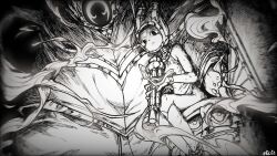 1boy 1girl :3 alternate_form boss_fight brother_and_sister commentary emphasis_lines english_commentary fake_horns fuxi_(nine_sols) greyscale highres holding holding_instrument horns instrument kki1t looking_at_viewer monochrome nine_sols nuwa_(nine_sols) siblings
