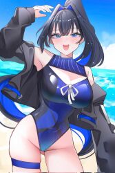 1girl arm_up beach black_hair black_jacket blue_eyes blue_hair blue_one-piece_swimsuit blue_sky blush breasts chain chain_headband cleavage cleavage_cutout clothing_cutout cloud colored_inner_hair commentary corrupted_twitter_file cowboy_shot day english_commentary floating_hair forever_moru gluteal_fold hair_intakes high_ponytail highleg highleg_one-piece_swimsuit hololive hololive_english jacket large_breasts long_hair long_sleeves looking_at_viewer multicolored_hair ocean off_shoulder official_alternate_costume official_alternate_hairstyle one-piece_swimsuit open_clothes open_jacket open_mouth ouro_kronii ouro_kronii_(holonatsu_paradise) outdoors ponytail shore skindentation sky smile solo standing swimsuit thigh_strap two-tone_hair very_long_hair virtual_youtuber