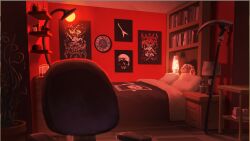 a_date_with_death analog_clock animal_skull bedroom blanket book bookshelf border chair clock cup_ramen desk_lamp drop_shadow ghost_print highres indoors jar lamp lava_lamp nightstand no_humans non-web_source office_chair official_art plant poster_(object) potted_plant scenery scythe shelf swivel_chair table variant_set weapon_against_wall wooden_floor yellow_border