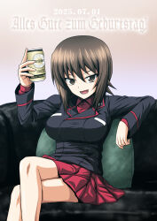 1girl absurdres alcohol beer beer_can birthday black_jacket breast_pocket breasts brown_eyes brown_hair can couch cross crossed_legs dated drink_can english_text girls_und_panzer highres holding holding_can iron_cross jacket kamishima_kanon kuromorimine_military_uniform large_breasts looking_at_viewer lower_teeth_only military military_uniform nishizumi_maho open_mouth pleated_skirt pocket red_shirt red_skirt shirt short_hair skirt solo teeth