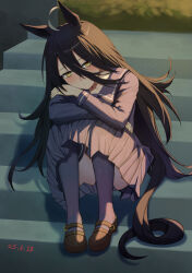 1girl :/ ahoge animal_ears black_hair blush closed_mouth crossed_arms dated enddada grey_hair grey_pantyhose hair_between_eyes hair_ribbon hands_up highres horse_ears horse_girl horse_tail knees_up long_bangs long_hair long_hair_between_eyes long_sleeves manhattan_cafe_(umamusume) on_stairs pantyhose pleated_skirt purple_sailor_collar purple_shirt purple_skirt ribbon sailor_collar shirt sitting skirt solo tail thighs umamusume very_long_hair yellow_eyes