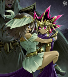 1girl 2boys atem blonde_hair brown_hair closed_mouth dark-skinned_female dark-skinned_male dark_skin highres konami leg_lock mana_(yu-gi-oh!) multicolored_hair multiple_boys night night_sky open_mouth purple_eyes purple_hair sky spiked_hair the_golden_smurf thick_thighs thighs yami_yugi yu-gi-oh! yu-gi-oh!_duel_monsters