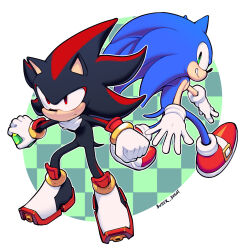 2boys black_fur blue_fur butter_sugoi chaos_emerald checkered_background clenched_hand frown furry furry_male gem gloves green_eyes green_gemstone highres holding male_focus multiple_boys red_eyes red_fur red_shoes shadow_the_hedgehog shoes signature smile sonic_(series) sonic_the_hedgehog two-tone_fur white_gloves
