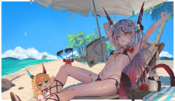 2girls absurdres armpits arms_up bare_shoulders beach beach_umbrella bikini black_bikini blonde_hair blue_eyes blue_sky blush breasts chair character_request cloud copyright_request day di_le_to flower hair_between_eyes hair_flower hair_ornament highres horns long_hair looking_at_viewer lounge_chair multiple_girls navel ocean one_eye_closed open_mouth outdoors palm_tree pointy_ears sand sky small_breasts swimsuit tail tree umbrella very_long_hair water yellow_eyes