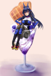 1girl black_boots black_hair blueberry blush bodysuit boots breasts ch2o chestnut_mouth female_focus fingerless_gloves food fruit glass gloves hair_ornament hair_tubes highres honda_futayo in_food knee_boots kyoukaisenjou_no_horizon large_breasts long_hair mini_person minigirl parfait partially_submerged ponytail purple_eyes sitting solo vambraces waffle