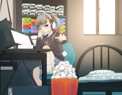 1girl bad_id bad_pixiv_id black_shirt blue_eyes blue_skirt blunt_bangs blurry bookshelf chair child computer depth_of_field eyebrows female_focus hair_ribbon hand_up headphones highres indoors light_brown_hair long_hair long_sleeves mask miniskirt monitor mouth_mask office_chair original outstretched_arm pleated_skirt red_ribbon ribbon samidare_(hoshi) shirt sick sitting skirt slice_of_life socks solo surgical_mask swivel_chair table tears throwing tissue tissue_box trash_can twintails used_tissue white_socks window wiping_nose