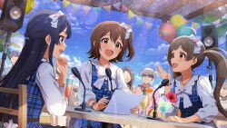balloon black_hair blue_eyes blue_hair bow bracelet brown_eyes buttons chair cloud cup drinking_glass drinking_straw faceless flag flower food fruit game_cg hair_bow hakozaki_serika hat heart holding idolmaster idolmaster_million_live! idolmaster_million_live!_theater_days idolmaster_million_radio! jewelry kasuga_mirai leaf microphone mogami_shizuka musical_note necklace official_art open_mouth orange_(fruit) orange_slice paper plaid_clothes side_ponytail stereo sunglasses table twintails wine_glass