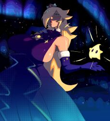 aurora blonde_hair blue_dress blue_eyes blue_gloves breasts crown dress elbow_gloves female_focus gloves hair_over_one_eye huge_breasts large_breasts long_hair luma_(mario) mario_(series) mario_kart mario_kart_tour nintendo piku184 rosalina rosalina_(aurora) shiny_skin solo standing
