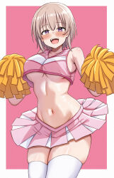 1girl bare_shoulders breasts brown_hair cheerleader cream-chan_(creamsherry) crop_top highres holding holding_pom_poms large_breasts midriff miniskirt navel nootomo original pink_background pink_skirt pleated_skirt pom_pom_(cheerleading) pom_poms purple_eyes short_hair simple_background skirt thighhighs underboob white_thighhighs