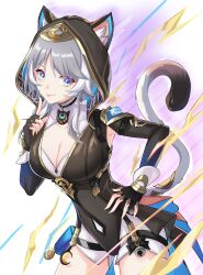 1girl absurdres animal_ears animal_hood black_gloves black_leotard blue_eyes breasts cat_ears cat_girl cat_hood cat_tail chinese_commentary cipher_(honkai:_star_rail) cleavage commentary_request cowboy_shot fingerless_gloves gloves grey_hair highres honkai:_star_rail honkai_(series) hood hooded_leotard leotard li_shijin mole mole_on_breast short_hair_with_long_locks shorts solo tail thighs tongue tongue_out white_background white_shorts yellow_nails