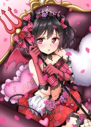 Rule 34 | 1girl, absurdres, artist name, artist request, bare legs, bare shoulders, black choker, black hair, blush, bow, choker, curled horns, demon girl, demon horns, demon tail, demon wings, elbow gloves, female focus, fishnet thighhighs, fishnets, floral print, flower, gloves, grey wings, hair between eyes, hair bow, hair flower, hair ornament, hairclip, highres, holding polearm, horns, looking at viewer, love live!, love live! school idol festival, love live! school idol project, midriff, navel, oekaki tako, pink flower, pink gloves, pink rose, pleated skirt, polearm, polka dot, polka dot bow, print skirt, purple flower, purple rose, red bow, red eyes, red flower, red rose, red skirt, rose, rose print, short hair, sidelocks, skirt, smile, solo, striped clothes, striped gloves, tail, thighhighs, tiara, trident, twintails, vertical-striped clothes, vertical-striped gloves, weapon, wings, yazawa nico