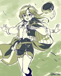 Rule 34 | 1girl, :d, absurdres, alternate hair length, alternate hairstyle, belt, belt pouch, boots, cape, collared shirt, feet out of frame, green theme, hair between eyes, hat, hat feather, highres, long hair, looking at viewer, monochrome, mossi (mossi0816), newsboy cap, open clothes, open mouth, open vest, outstretched arms, pantyhose, pouch, recoleta (reverse:1999), reverse:1999, shirt, short shorts, shorts, smile, solo, spread arms, twitter username, unworn hat, unworn headwear, vest, wind