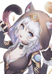 1girl animal_ears animal_hood black_gloves blue_eyes breasts cat_ears cat_girl cat_hood cat_tail cipher_(honkai:_star_rail) cleavage coin fingerless_gloves gloves gold_coin grey_hair hashtag-only_commentary highres honkai:_star_rail honkai_(series) hood medium_breasts mole mole_on_breast open_mouth puyopuyo_10 short_hair_with_long_locks solo tail upper_body white_background yellow_nails