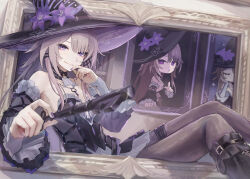 2girls absurdres bare_shoulders black_boots black_dress black_hat boots breasts brown_hair commentary_request detached_sleeves dress feet_out_of_frame flower glint hat hat_flower herta_(honkai:_star_rail) highres holding holding_key honkai:_star_rail honkai_(series) jewelry key key_necklace long_hair looking_at_viewer multiple_girls necklace pantyhose portrait_(object) purple_eyes purple_flower purple_nails sanshoku_dango_(shukosuko) smile the_herta_(honkai:_star_rail) through_medium through_painting witch_hat