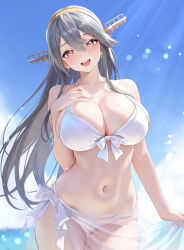1girl :d bare_shoulders bikini black_hair breasts brown_eyes cleavage collarbone commentary_request day front-tie_bikini_top front-tie_top hair_ornament hairclip hand_on_own_chest haruna_(2016_swimsuit)_(kancolle) haruna_(kancolle) highres kantai_collection large_breasts looking_at_viewer navel open_mouth outdoors see-through_clothes see-through_skirt skirt smile solo stomach studiopokotan swimsuit teeth upper_teeth_only white_bikini