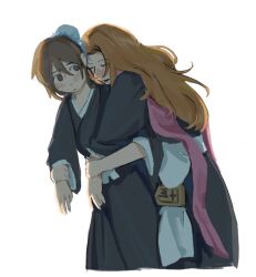bleach blush brown_eyes brown_hair closed_eyes drunk hair_bun highres hinamori_momo leaning_on_person long_hair looking_at_another matsumoto_rangiku orange_hair pink_scarf scarf shihakusho simple_background white_background yayyyyyx