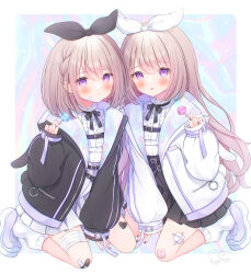2girls :p bandaged_leg bandages bandaid bandaid_on_cheek bandaid_on_face belt between_legs black_bandaid black_belt black_bow black_jacket black_nails black_skirt blush bow braid broken_heart brown_hair buttons candy center_frills commentary_request crossed_bandaids dated dot_nose fingernails food frilled_shirt frills full_body gauze gauze_on_leg hair_bow hand_between_legs hand_up heart heart-shaped_bandaid highres holding holding_candy holding_food holding_lollipop jacket kneeling lapels leg_warmers lollipop long_hair long_sleeves looking_at_viewer matching_outfits miniskirt multiple_girls nail_polish omochi_monaka original parted_lips pink_bandaid pleated_skirt puffy_long_sleeves puffy_sleeves purple_bandaid purple_eyes purple_nails purple_shoes shirt shoes short_hair side_braid sidelocks signature single_braid skirt sleeves_past_wrists sneakers symmetrical_pose tongue tongue_out twitter_username very_long_hair wavy_hair white_bow white_jacket white_leg_warmers white_shirt white_skirt zipper zipper_pull_tab