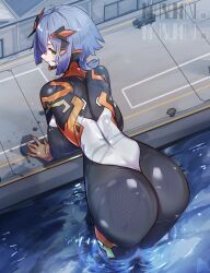 1girl absurdres ass backboob black_bodysuit blue_hair bodysuit breasts from_behind giant giantess green_eyes harbor highres huge_breasts large_breasts looking_at_viewer looking_back multicolored_bodysuit natsukaze_shigure ocean original short_hair skin_tight solo wading water wet
