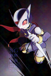 Rule 34 | 1boy, armor, dwn0001130, eye trail, forehead jewel, helmet, hidden phantom (mega man), highres, holding, holding knife, knife, kunai, light trail, male focus, mega man (series), mega man zero (series), ninja, purple armor, purple helmet, red eyes, red scarf, scarf, solo, watermark, weapon