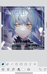 1girl :| angela_(project_moon) art_program_in_frame black_shirt blue_hair blurry blurry_background border broken_glass closed_mouth coat collared_shirt dual_persona english_text falling_feathers feathers fur_collar glass glitch highres library_of_ruina light_particles lobotomy_corporation looking_at_viewer portrait project_moon shirt short_hair solo white_border white_coat yellow_eyes zukichou